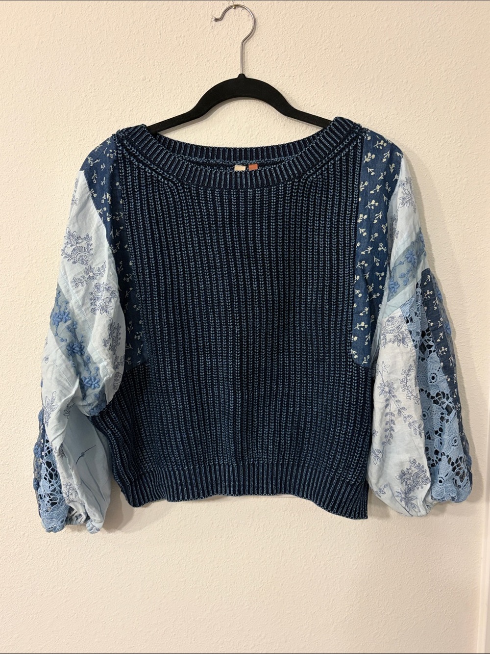 Pilcro Blue Mixed-Media Knit Sweater with Patterned Puff Sleeves